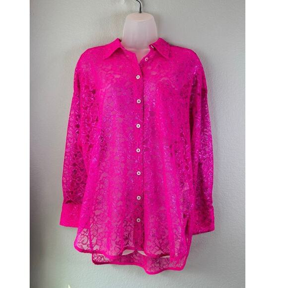 Anthropologie‎ hot pink lace button- up top Oversized MP Barbiecore NWT - Picture 1 of 7